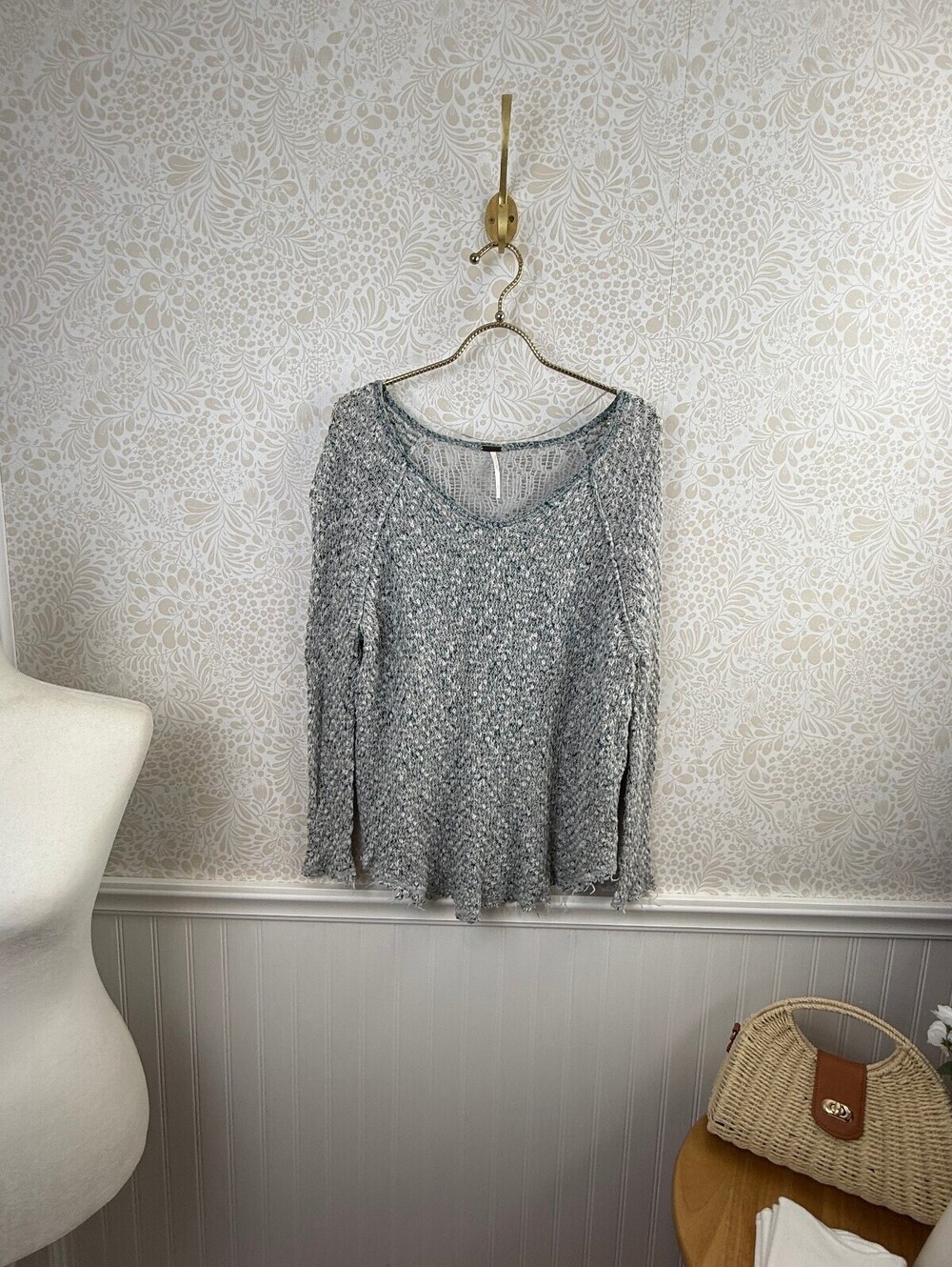 Free People Gray and Blue Poppyseed Knit Lace Pullover Sweater - Size - Small